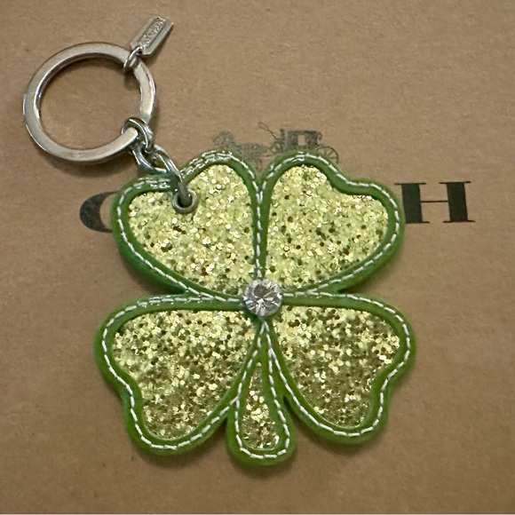 Coach Green Leather Glittered Four Leaf Clover Shamrock Keychain Fob Bag Charm - Picture 1 of 7